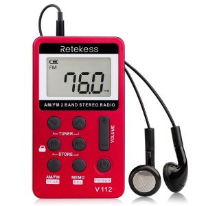 Retekess V112 Tragbares Radio Mini, AM FM-Kleinradio, Schlaf-Timing, Speicherstationen, Wiederaufladbarer Akku, Taschenradio mit Kopfhörern, zum Laufen, Gehen, Reisen, Schlafen (Rot)